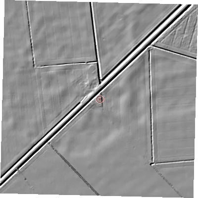 Shaded relief map of the ground around PE100BA, computed from Environment Agency LiDAR. The ground here sits at about 2 m above sea level and falls 4 m across the surrounding 800 m. Surface water reaching this point runs off ground lying to the south-west, 4.1 m higher.