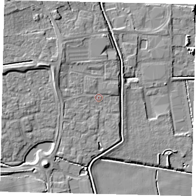 Shaded relief map of the ground around PE100BF, computed from Environment Agency LiDAR. The ground here sits at about 7 m above sea level and falls 9 m across the surrounding 800 m. Surface water reaching this point runs off ground lying to the north-west, 1.3 m higher.