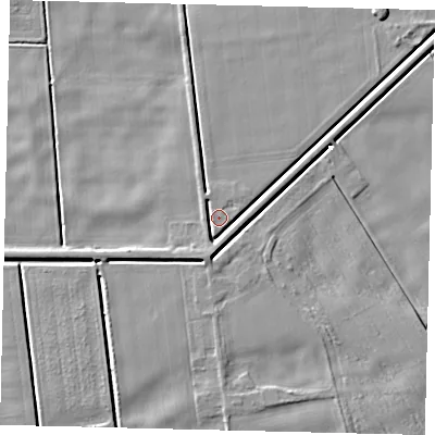 Shaded relief map of the ground around PE100BH, computed from Environment Agency LiDAR. The ground here sits at about 2 m above sea level and falls 5 m across the surrounding 800 m. Surface water reaching this point runs off ground lying to the west, 3.0 m higher.