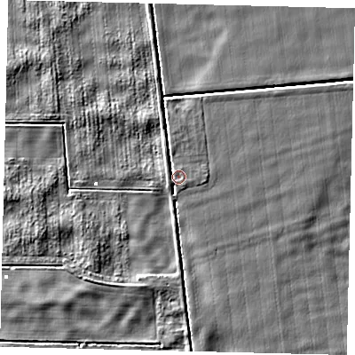 Shaded relief map of the ground around PE100BJ, computed from Environment Agency LiDAR. The ground here sits at about 2 m above sea level and falls 4 m across the surrounding 800 m. Surface water reaching this point runs off ground lying to the west-north-west, 2.8 m higher.