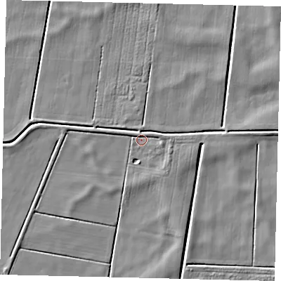 Shaded relief map of the ground around PE100BL, computed from Environment Agency LiDAR. The ground here sits at about 1 m above sea level and falls 4 m across the surrounding 800 m. Surface water reaching this point runs off ground lying to the east-south-east, 2.0 m higher.