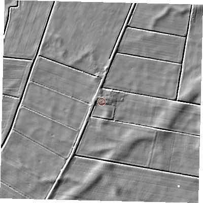 Shaded relief map of the ground around PE100BN, computed from Environment Agency LiDAR. The ground here sits at about 1 m above sea level and falls 3 m across the surrounding 800 m. Surface water reaching this point runs off ground lying to the north-north-west, 2.0 m higher.