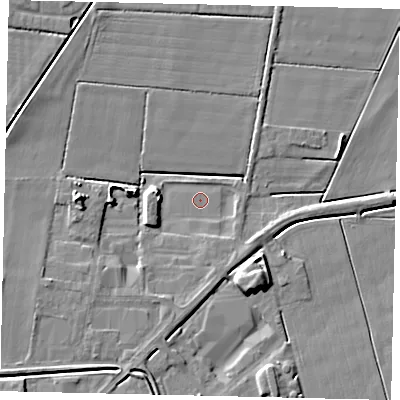 Shaded relief map of the ground around PE100BP, computed from Environment Agency LiDAR. The ground here sits at about 3 m above sea level and falls 8 m across the surrounding 800 m. Surface water reaching this point runs off ground lying to the south-west, 3.9 m higher.