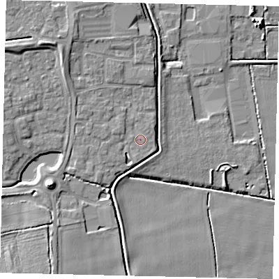 Shaded relief map of the ground around PE100BT, computed from Environment Agency LiDAR. The ground here sits at about 7 m above sea level and falls 8 m across the surrounding 800 m. The ground contributing surface water to this point lies to the north-east.