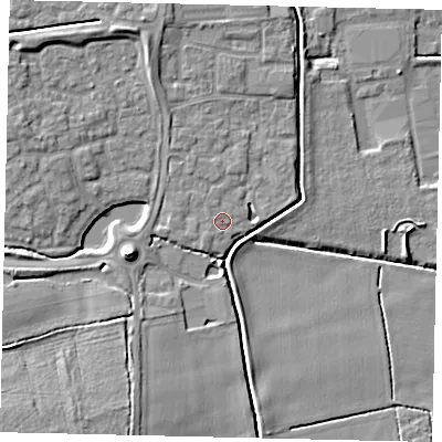 Shaded relief map of the ground around PE100DB, computed from Environment Agency LiDAR. The ground here sits at about 7 m above sea level and falls 9 m across the surrounding 800 m. Surface water reaching this point runs off ground lying to the west-south-west, 1.1 m higher.