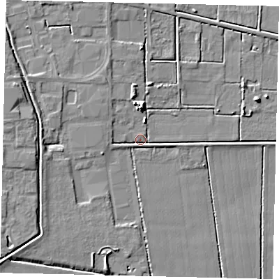 Shaded relief map of the ground around PE100DJ, computed from Environment Agency LiDAR. The ground here sits at about 4 m above sea level and falls 8 m across the surrounding 800 m. Surface water reaching this point runs off ground lying to the west-north-west, 2.8 m higher.