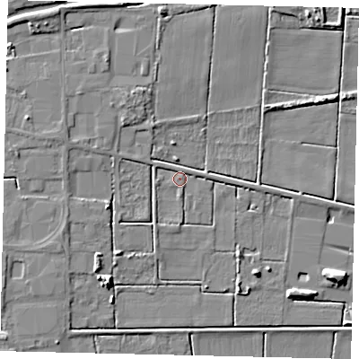 Shaded relief map of the ground around PE100DL, computed from Environment Agency LiDAR. The ground here sits at about 3 m above sea level and falls 8 m across the surrounding 800 m. Surface water reaching this point runs off ground lying to the west-south-west, 4.1 m higher.