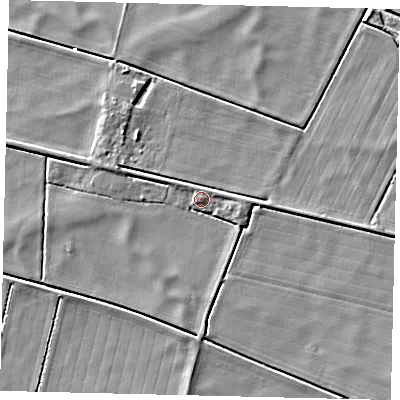 Shaded relief map of the ground around PE100DN, computed from Environment Agency LiDAR. The ground here sits at about 2 m above sea level and falls 4 m across the surrounding 800 m. Surface water reaching this point runs off ground lying to the west-north-west, 2.7 m higher.
