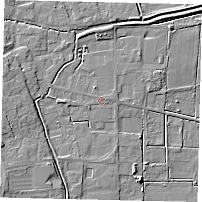 Shaded relief map of the ground around PE100DQ, computed from Environment Agency LiDAR. The ground here sits at about 5 m above sea level and falls 8 m across the surrounding 800 m. Surface water reaching this point runs off ground lying to the west, 1.7 m higher.