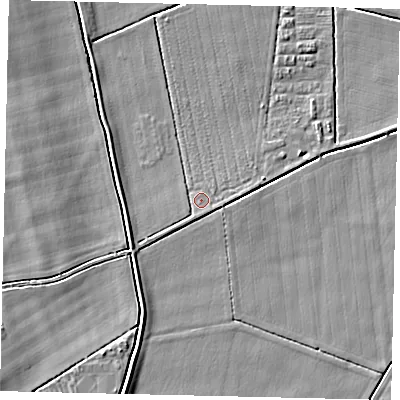 Shaded relief map of the ground around PE100DR, computed from Environment Agency LiDAR. The ground here sits at about 5 m above sea level and falls 8 m across the surrounding 800 m. Surface water reaching this point runs off ground lying to the south, 0.8 m higher.