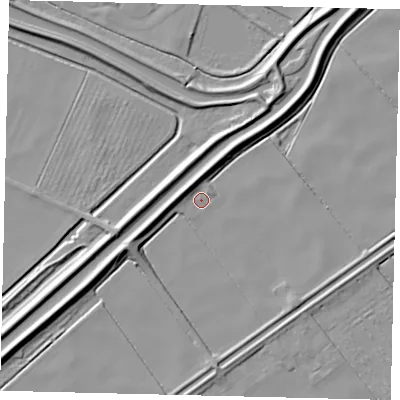 Shaded relief map of the ground around PE100DW, computed from Environment Agency LiDAR. The ground here sits at about 2 m above sea level and falls 7 m across the surrounding 800 m. Surface water reaching this point runs off ground lying to the north-north-west, 5.8 m higher.