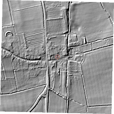 Shaded relief map of the ground around PE100EH, computed from Environment Agency LiDAR. The ground here sits at about 8 m above sea level and falls 10 m across the surrounding 800 m. Surface water reaching this point runs off ground lying to the west-north-west, 2.4 m higher.