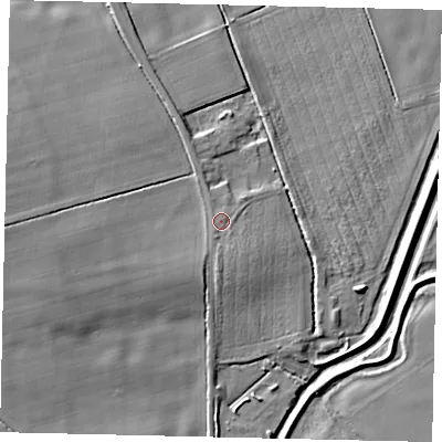 Shaded relief map of the ground around PE100EN, computed from Environment Agency LiDAR. The ground here sits at about 11 m above sea level and falls 12 m across the surrounding 800 m. Surface water reaching this point runs off ground lying to the south, 1.9 m higher.