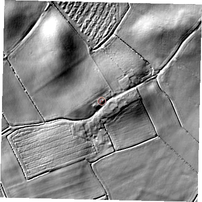 Shaded relief map of the ground around PE100ER, computed from Environment Agency LiDAR. The ground here sits at about 20 m above sea level and falls 14 m across the surrounding 800 m. Surface water reaching this point runs off ground lying to the north-north-west, 1.9 m higher.