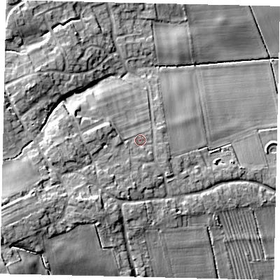 Shaded relief map of the ground around PE100EU, computed from Environment Agency LiDAR. The ground here sits at about 18 m above sea level and falls 17 m across the surrounding 800 m. Surface water reaching this point runs off ground lying to the west-south-west, 8.2 m higher.