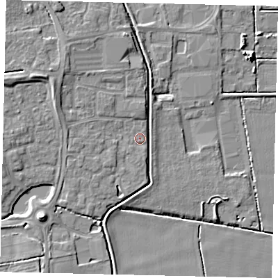 Shaded relief map of the ground around PE100FW, computed from Environment Agency LiDAR. The ground here sits at about 7 m above sea level and falls 9 m across the surrounding 800 m. Surface water reaching this point runs off ground lying to the west-north-west, 4.0 m higher.