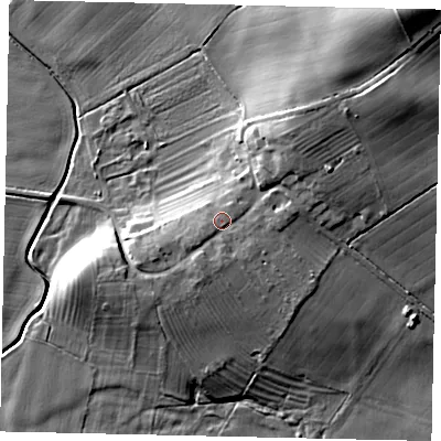 Shaded relief map of the ground around PE100JE, computed from Environment Agency LiDAR. The ground here sits at about 25 m above sea level and falls 28 m across the surrounding 800 m. Surface water reaching this point runs off ground lying to the north-east, 18.1 m higher.