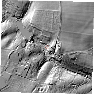 Shaded relief map of the ground around PE100JP, computed from Environment Agency LiDAR. The ground here sits at about 39 m above sea level and falls 26 m across the surrounding 800 m. Surface water reaching this point runs off ground lying to the north-north-east, 13.7 m higher.