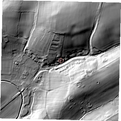 Shaded relief map of the ground around PE100JT, computed from Environment Agency LiDAR. The ground here sits at about 29 m above sea level and falls 34 m across the surrounding 800 m. Surface water reaching this point runs off ground lying to the north-north-east, 25.2 m higher.