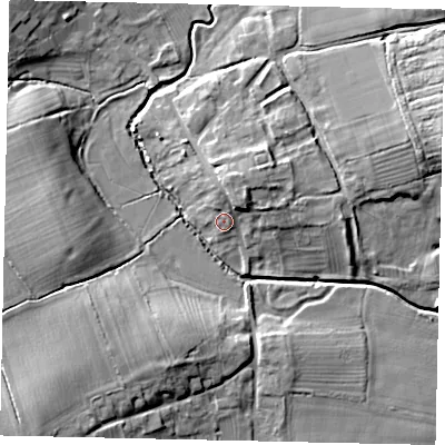 Shaded relief map of the ground around PE100LL, computed from Environment Agency LiDAR. The ground here sits at about 33 m above sea level and falls 17 m across the surrounding 800 m. Surface water reaching this point runs off ground lying to the north-east, 5.0 m higher.