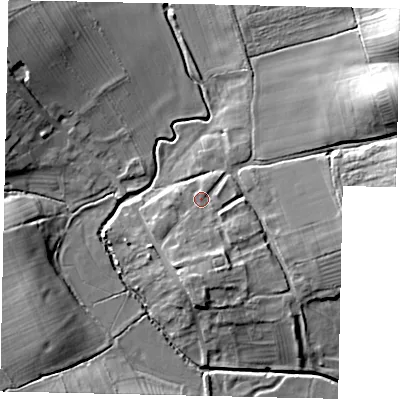Shaded relief map of the ground around PE100LP, computed from Environment Agency LiDAR. The ground here sits at about 34 m above sea level and falls 23 m across the surrounding 800 m. Surface water reaching this point runs off ground lying to the south, 4.7 m higher.