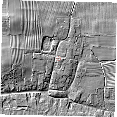 Shaded relief map of the ground around PE100NP, computed from Environment Agency LiDAR. The ground here sits at about 15 m above sea level and falls 11 m across the surrounding 800 m. Surface water reaching this point runs off ground lying to the west, 1.5 m higher.