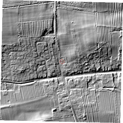 Shaded relief map of the ground around PE100NS, computed from Environment Agency LiDAR. The ground here sits at about 17 m above sea level and falls 14 m across the surrounding 800 m. Surface water reaching this point runs off ground lying to the north-west, 7.5 m higher.