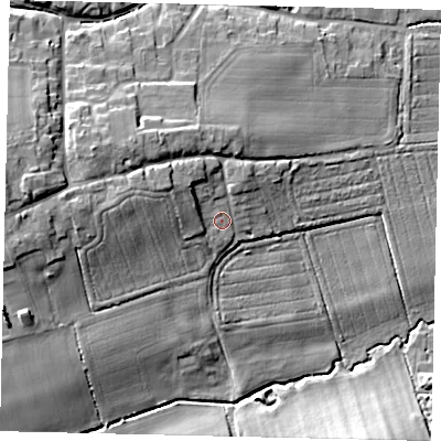 Shaded relief map of the ground around PE100ST, computed from Environment Agency LiDAR. The ground here sits at about 20 m above sea level and falls 18 m across the surrounding 800 m. Surface water reaching this point runs off ground lying to the north-west, 6.0 m higher.