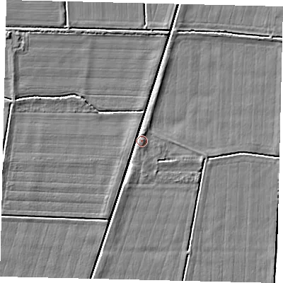 Shaded relief map of the ground around PE100TG, computed from Environment Agency LiDAR. The ground here sits at about 4 m above sea level and falls 5 m across the surrounding 800 m. Surface water reaching this point runs off ground lying to the north-east, 2.8 m higher.
