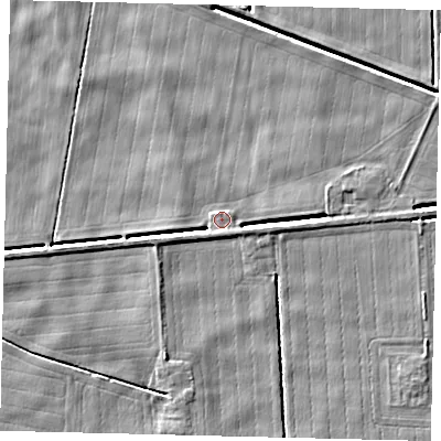 Shaded relief map of the ground around PE100TU, computed from Environment Agency LiDAR. The ground here sits at about 2 m above sea level and falls 4 m across the surrounding 800 m. Surface water reaching this point runs off ground lying to the west-south-west, 3.9 m higher.