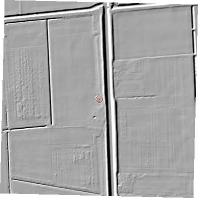 Shaded relief map of the ground around PE100TX, computed from Environment Agency LiDAR. The ground here sits at about 3 m above sea level and falls 7 m across the surrounding 800 m. Surface water reaching this point runs off ground lying to the north-east, 4.6 m higher.