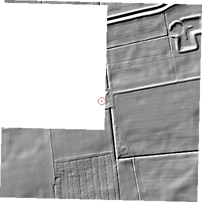 Shaded relief map of the ground around PE100UH, computed from Environment Agency LiDAR. and falls 4 m across the surrounding 800 m. Surface water reaching this point runs off ground lying to the south-east, 1.1 m higher.