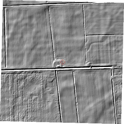 Shaded relief map of the ground around PE100XJ, computed from Environment Agency LiDAR. The ground here sits at about 2 m above sea level and falls 4 m across the surrounding 800 m. Surface water reaching this point runs off ground lying to the south-south-west, 0.8 m higher.