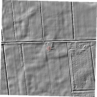 Shaded relief map of the ground around PE100XL, computed from Environment Agency LiDAR. The ground here sits at about 2 m above sea level and falls 4 m across the surrounding 800 m. Surface water reaching this point runs off ground lying to the south-south-east, 0.8 m higher.