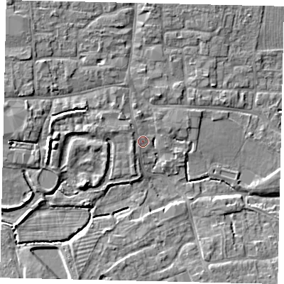 Shaded relief map of the ground around PE109GN, computed from Environment Agency LiDAR. The ground here sits at about 10 m above sea level and falls 8 m across the surrounding 800 m. Surface water reaching this point runs off ground lying to the west, 1.4 m higher.
