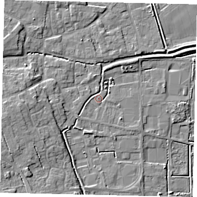 Shaded relief map of the ground around PE109GP, computed from Environment Agency LiDAR. The ground here sits at about 5 m above sea level and falls 8 m across the surrounding 800 m. Surface water reaching this point runs off ground lying to the west-south-west, 6.0 m higher.