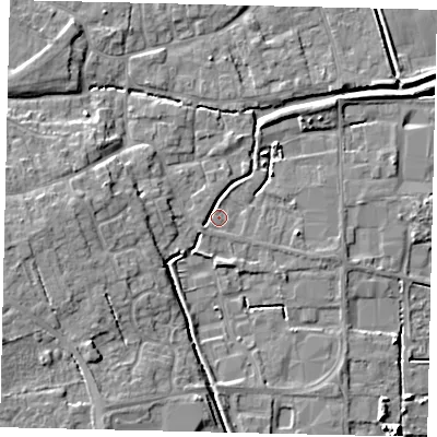 Shaded relief map of the ground around PE109JR, computed from Environment Agency LiDAR. The ground here sits at about 5 m above sea level and falls 8 m across the surrounding 800 m. Surface water reaching this point runs off ground lying to the west-south-west, 1.1 m higher.