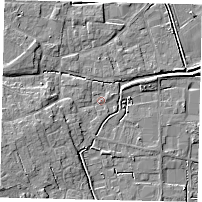 Shaded relief map of the ground around PE109JX, computed from Environment Agency LiDAR. The ground here sits at about 6 m above sea level and falls 8 m across the surrounding 800 m. Surface water reaching this point runs off ground lying to the west-south-west, 6.2 m higher.