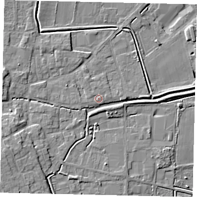 Shaded relief map of the ground around PE109JY, computed from Environment Agency LiDAR. The ground here sits at about 6 m above sea level and falls 9 m across the surrounding 800 m. Surface water reaching this point runs off ground lying to the north-east, 0.8 m higher.