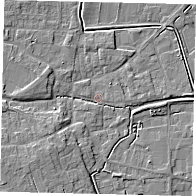 Shaded relief map of the ground around PE109LB, computed from Environment Agency LiDAR. The ground here sits at about 6 m above sea level and falls 8 m across the surrounding 800 m. Surface water reaching this point runs off ground lying to the west-south-west, 6.5 m higher.