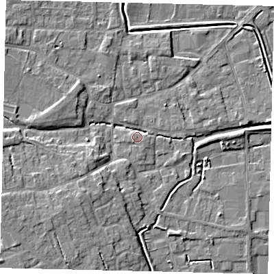 Shaded relief map of the ground around PE109LD, computed from Environment Agency LiDAR. The ground here sits at about 6 m above sea level and falls 9 m across the surrounding 800 m. Surface water reaching this point runs off ground lying to the west-south-west, 6.7 m higher.