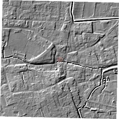 Shaded relief map of the ground around PE109LJ, computed from Environment Agency LiDAR. The ground here sits at about 6 m above sea level and falls 8 m across the surrounding 800 m. Surface water reaching this point runs off ground lying to the south-west, 7.0 m higher.