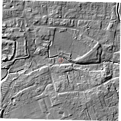 Shaded relief map of the ground around PE109LN, computed from Environment Agency LiDAR. The ground here sits at about 8 m above sea level and falls 10 m across the surrounding 800 m. Surface water reaching this point runs off ground lying to the west-south-west, 5.1 m higher.