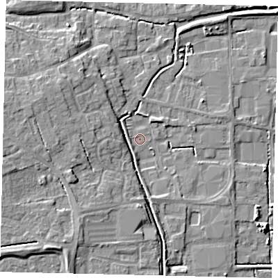 Shaded relief map of the ground around PE109LQ, computed from Environment Agency LiDAR. The ground here sits at about 5 m above sea level and falls 9 m across the surrounding 800 m. Surface water reaching this point runs off ground lying to the west, 1.0 m higher.