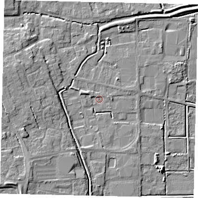 Shaded relief map of the ground around PE109LR, computed from Environment Agency LiDAR. The ground here sits at about 5 m above sea level and falls 9 m across the surrounding 800 m. Surface water reaching this point runs off ground lying to the west-north-west, 1.8 m higher.