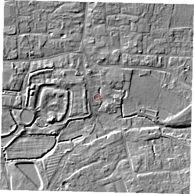 Shaded relief map of the ground around PE109LY, computed from Environment Agency LiDAR. The ground here sits at about 9 m above sea level and falls 8 m across the surrounding 800 m. Surface water reaching this point runs off ground lying to the north-west, 2.8 m higher.