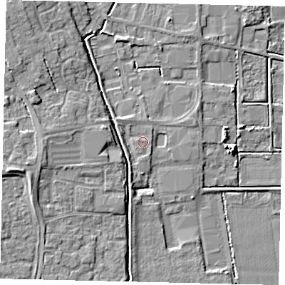 Shaded relief map of the ground around PE109PT, computed from Environment Agency LiDAR. The ground here sits at about 6 m above sea level and falls 9 m across the surrounding 800 m. The ground contributing surface water to this point lies to the west-north-west.