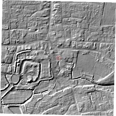 Shaded relief map of the ground around PE109UQ, computed from Environment Agency LiDAR. The ground here sits at about 9 m above sea level and falls 8 m across the surrounding 800 m. Surface water reaching this point runs off ground lying to the west, 2.1 m higher.