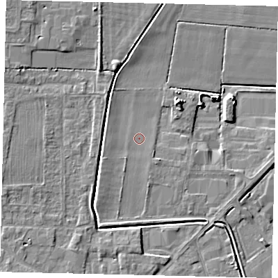 Shaded relief map of the ground around PE109WN, computed from Environment Agency LiDAR. The ground here sits at about 5 m above sea level and falls 8 m across the surrounding 800 m. Surface water reaching this point runs off ground lying to the south-south-west, 1.2 m higher.