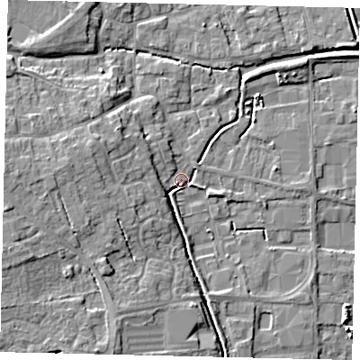 Shaded relief map of the ground around PE109XT, computed from Environment Agency LiDAR. The ground here sits at about 6 m above sea level and falls 8 m across the surrounding 800 m. Surface water reaching this point runs off ground lying to the west, 4.7 m higher.